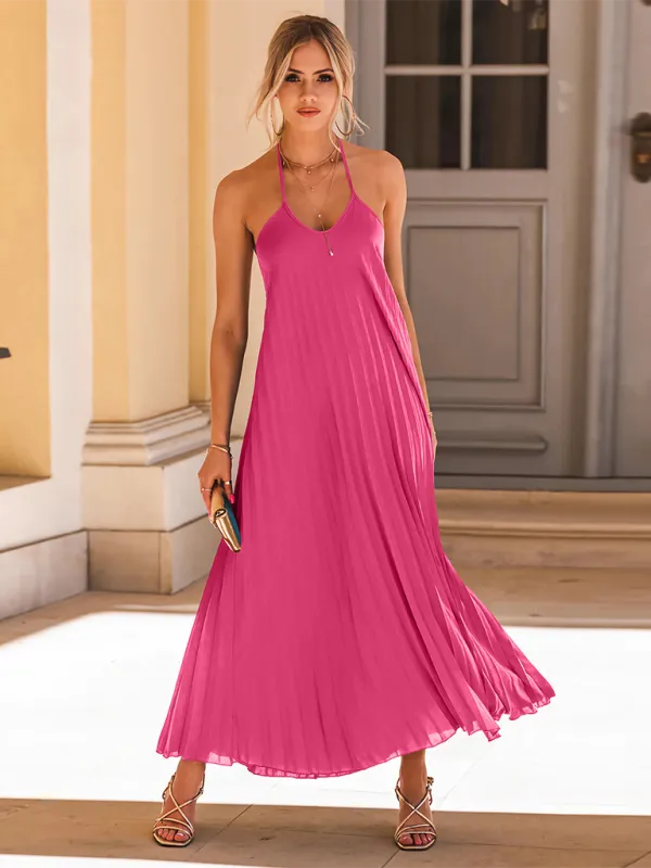Pleated Maxi Dress with Halter Neck and Solid Print