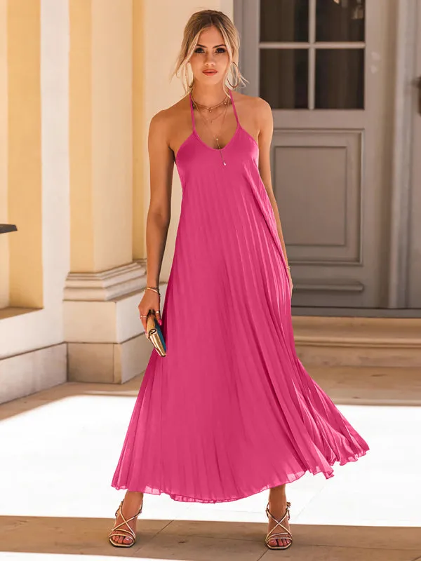 Pleated Maxi Dress with Halter Neck and Solid Print
