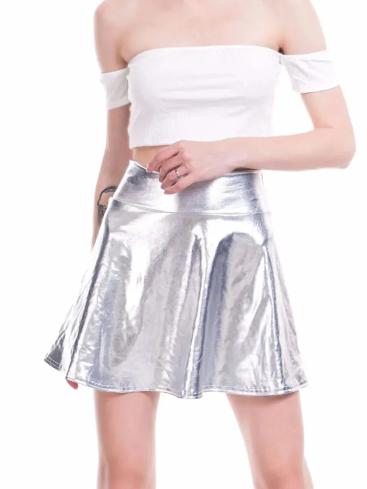 Pleated Skirts Women Short Sexy Elastic High Waist Solid Casual Green Silver Gold Pink Mini Party Clubwear