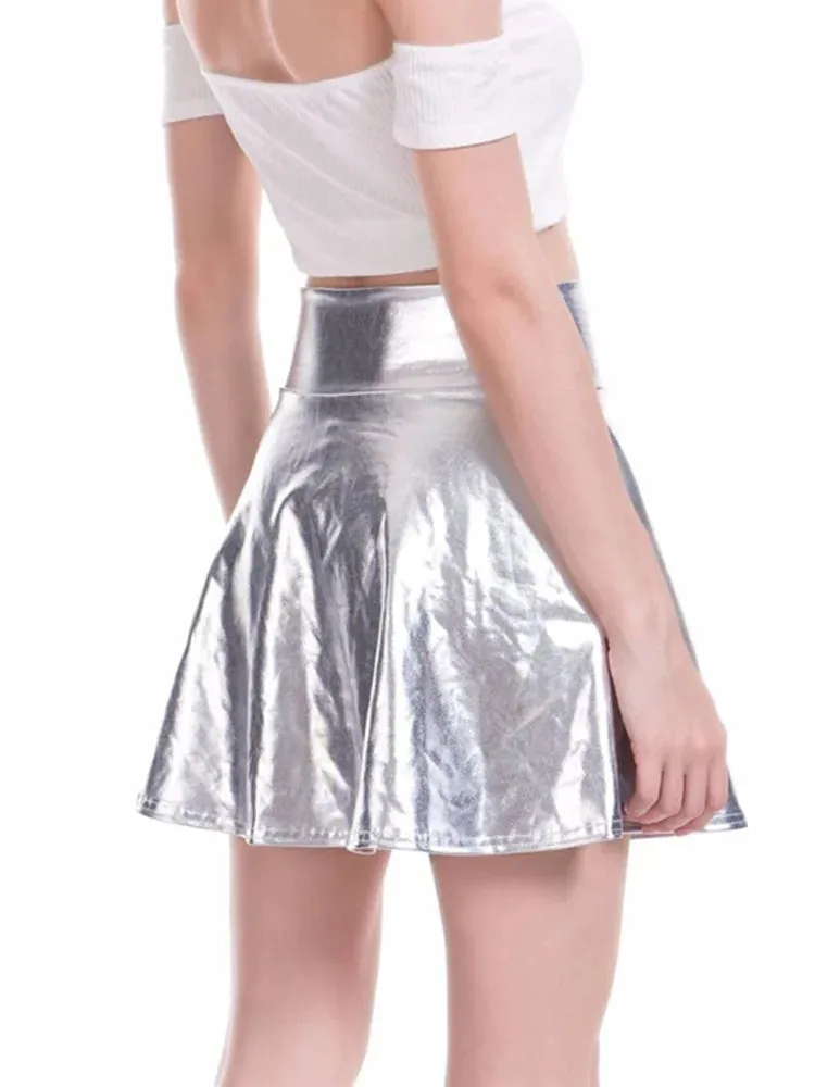 Pleated Skirts Women Short Sexy Elastic High Waist Solid Casual Green Silver Gold Pink Mini Party Clubwear