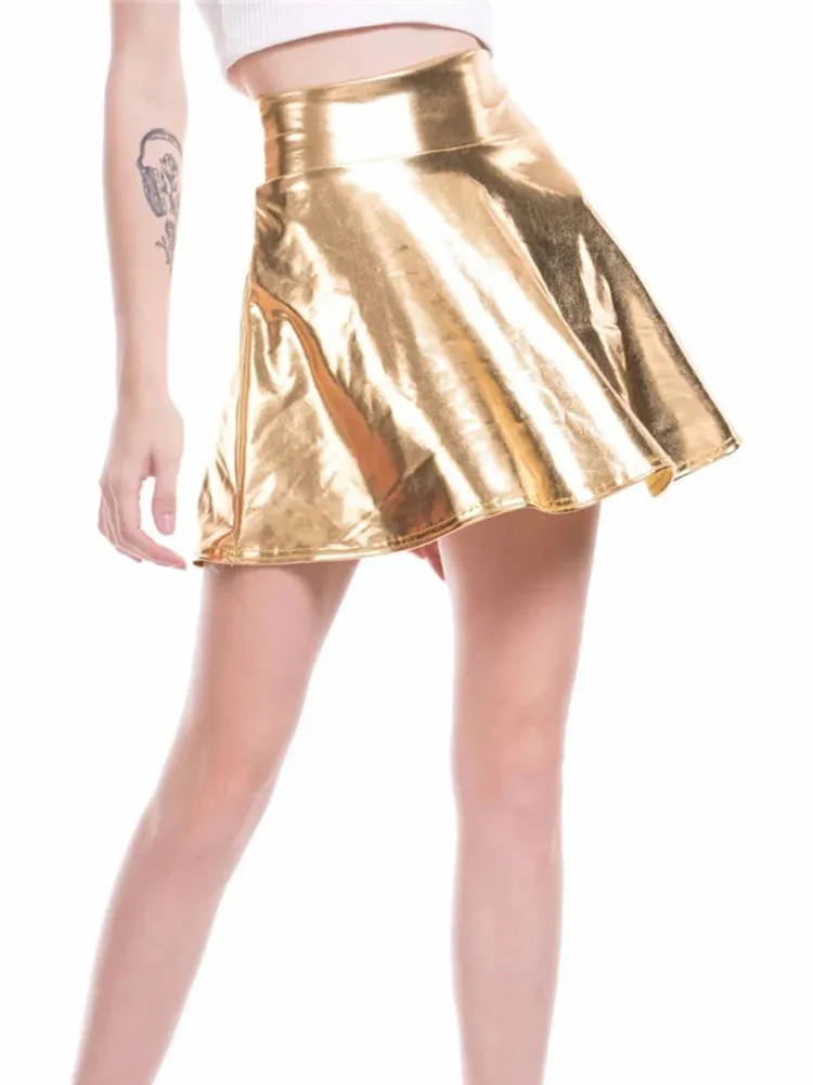 Pleated Skirts Women Short Sexy Elastic High Waist Solid Casual Green Silver Gold Pink Mini Party Clubwear