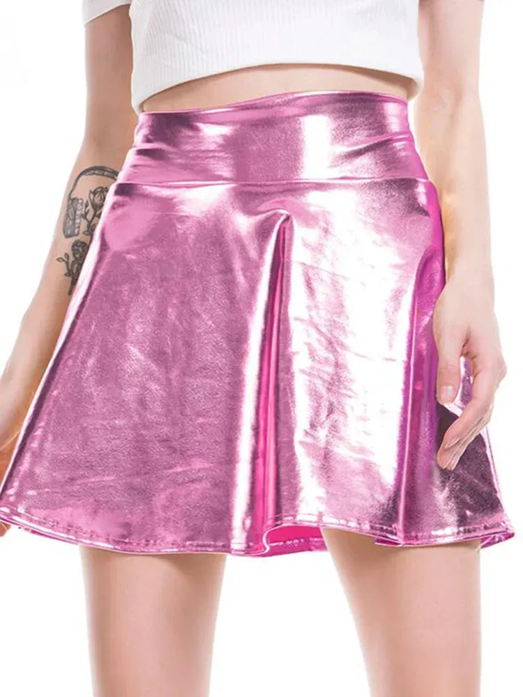 Pleated Skirts Women Short Sexy Elastic High Waist Solid Casual Green Silver Gold Pink Mini Party Clubwear