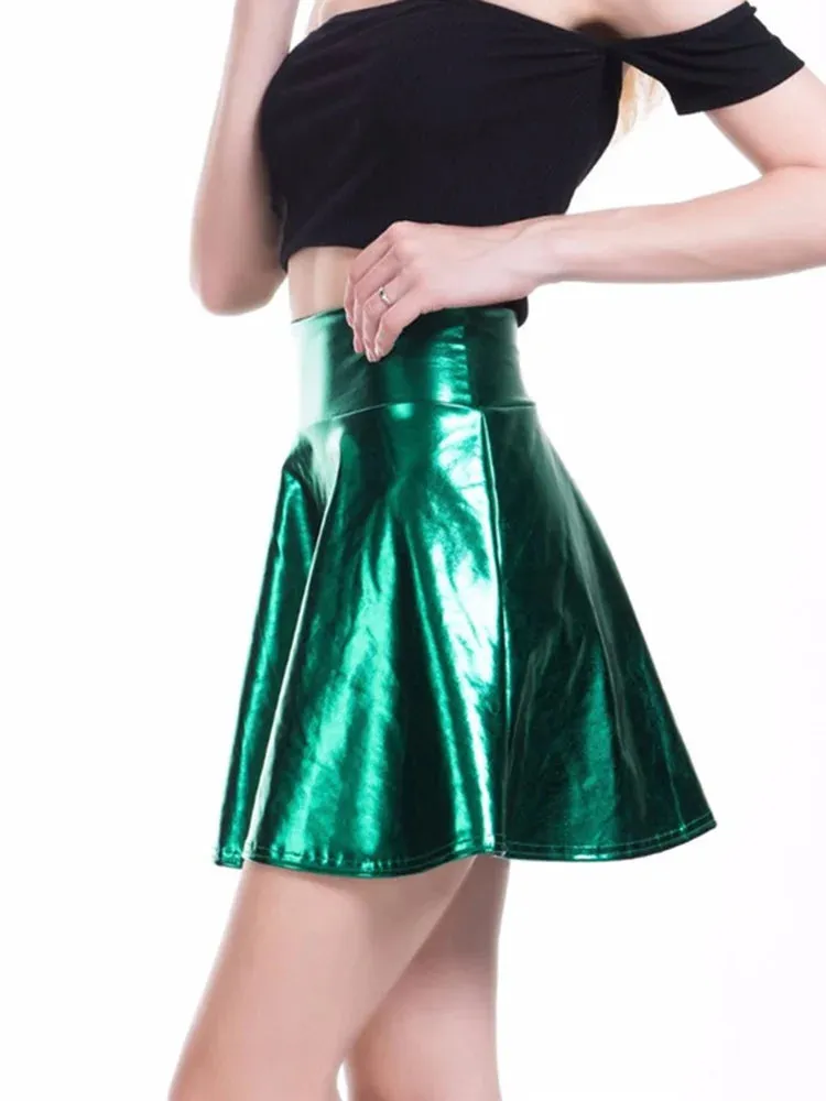 Pleated Skirts Women Short Sexy Elastic High Waist Solid Casual Green Silver Gold Pink Mini Party Clubwear