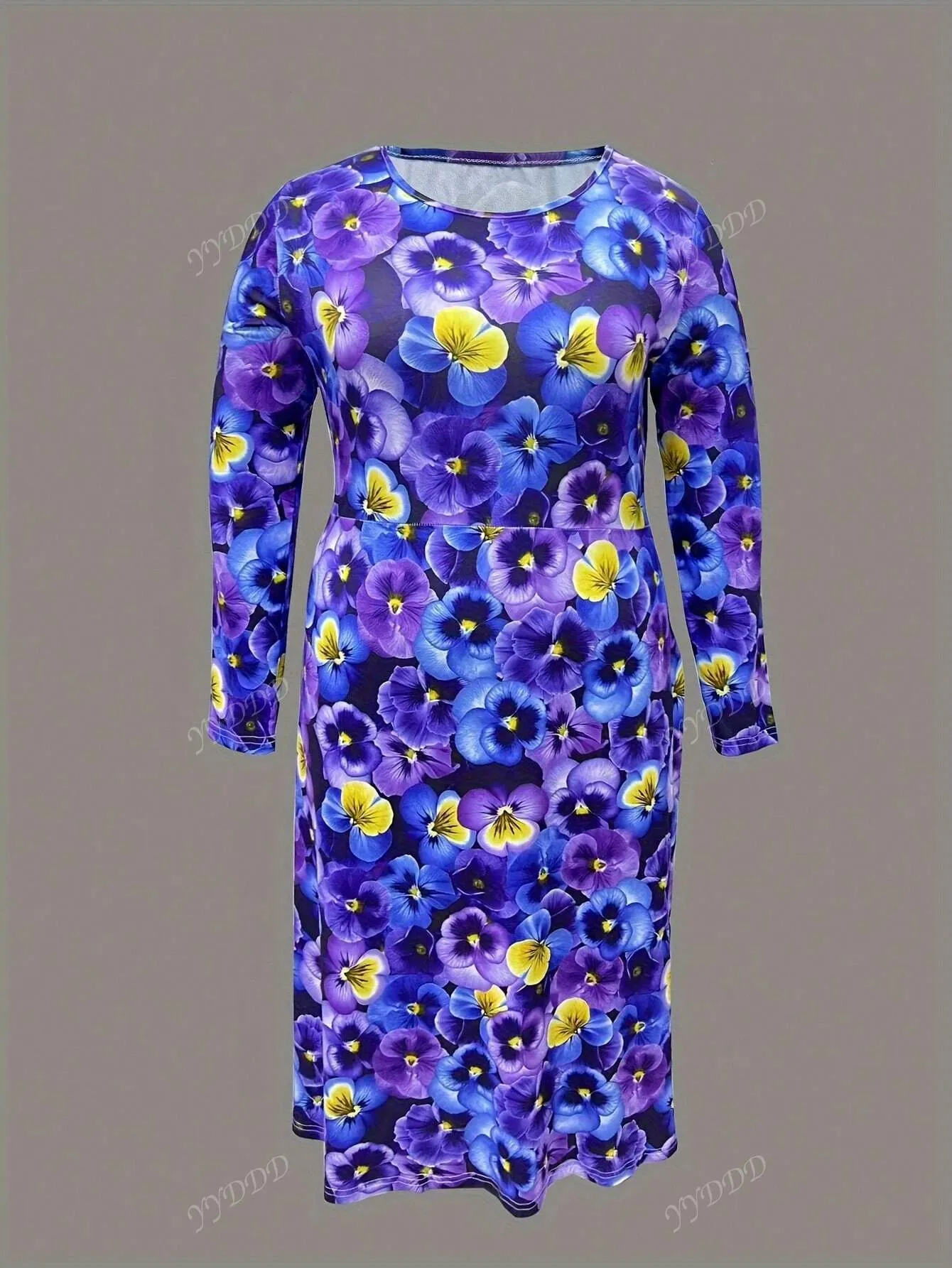 Plus Size Women's Floral Print Round Neck 3/4 Sleeve Maxi Elegant Dress