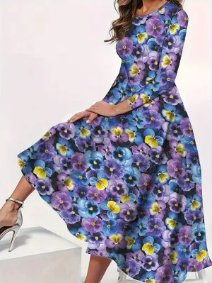 Plus Size Women's Floral Print Round Neck 3/4 Sleeve Maxi Elegant Dress