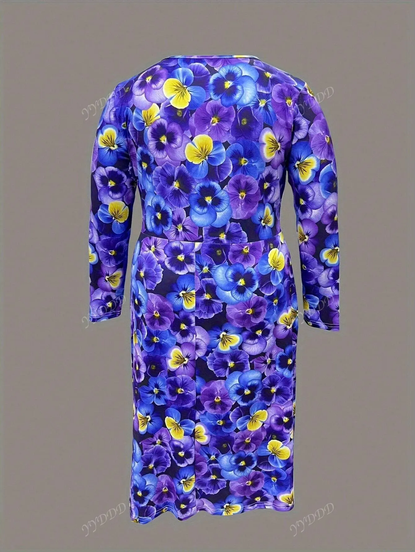 Plus Size Women's Floral Print Round Neck 3/4 Sleeve Maxi Elegant Dress