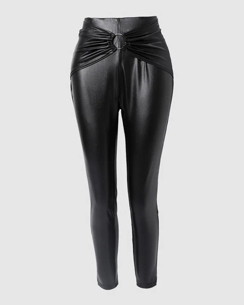 PU Leather O Ring Decor Skinny Pants