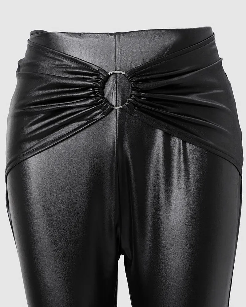 PU Leather O Ring Decor Skinny Pants