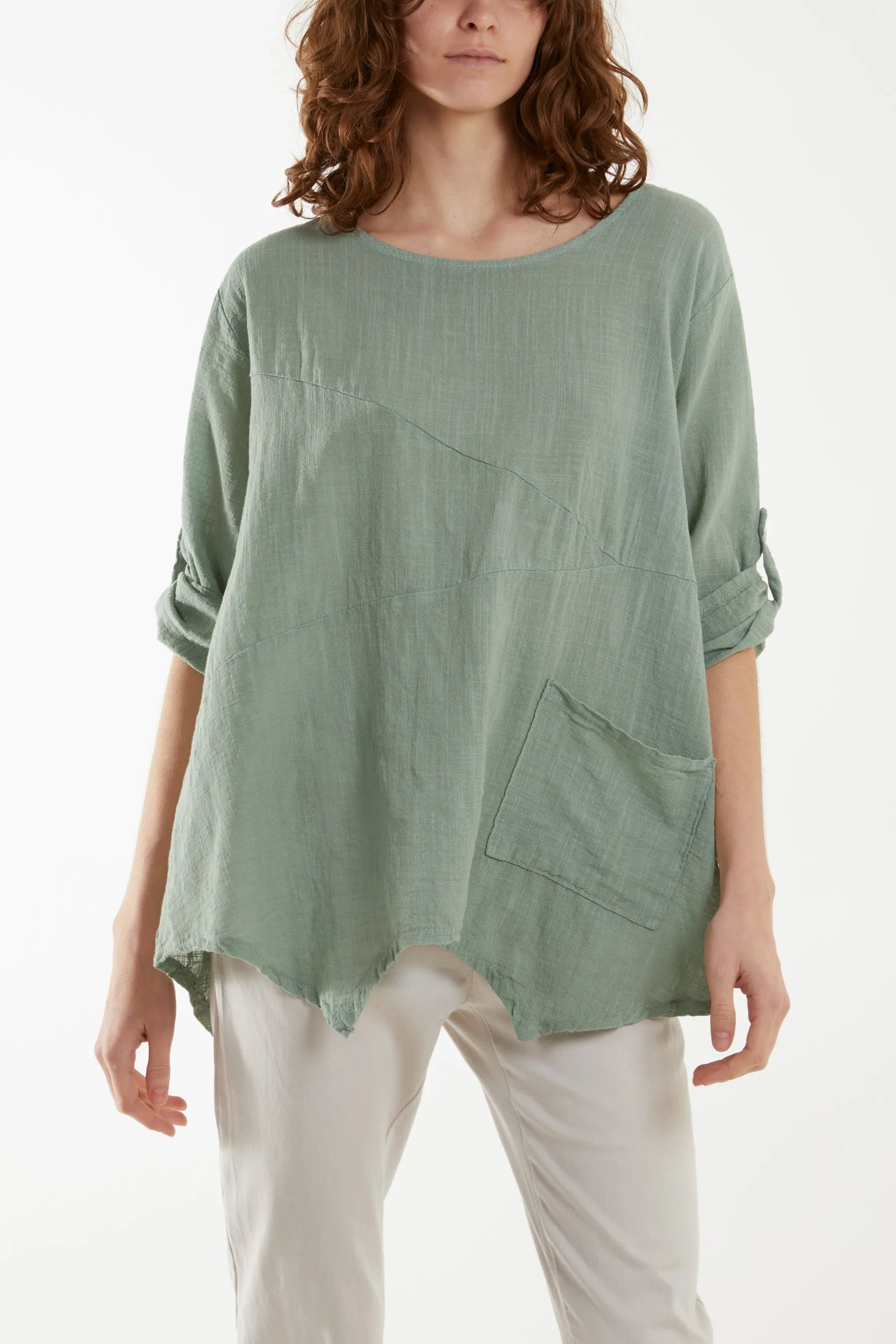 Pure Cotton Asymmetric Hem Pocket Top