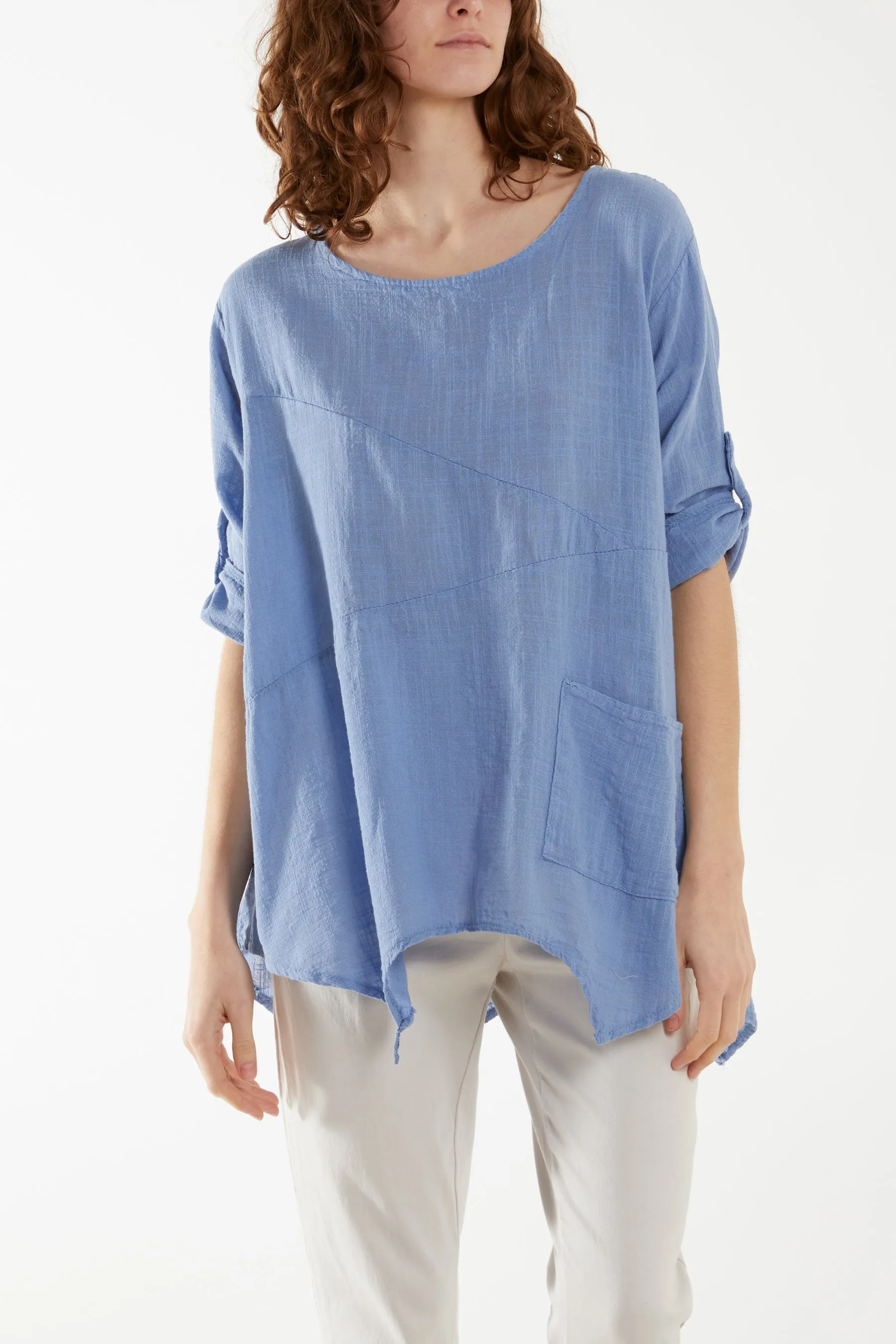 Pure Cotton Asymmetric Hem Pocket Top