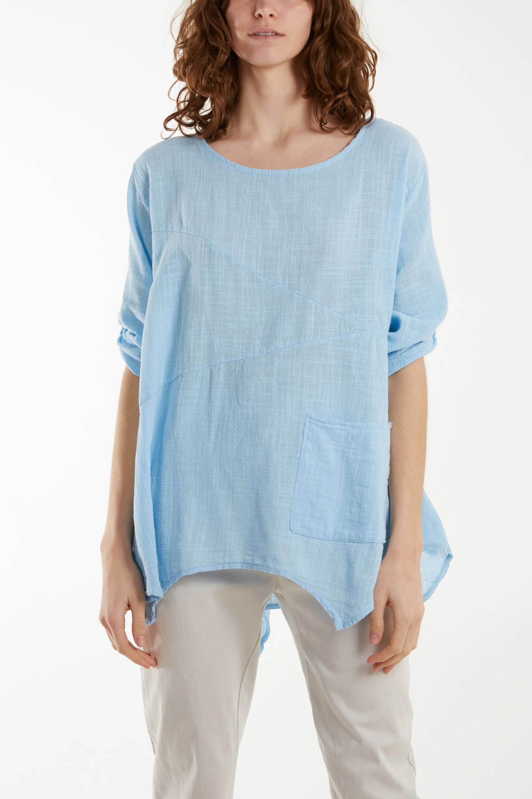 Pure Cotton Asymmetric Hem Pocket Top