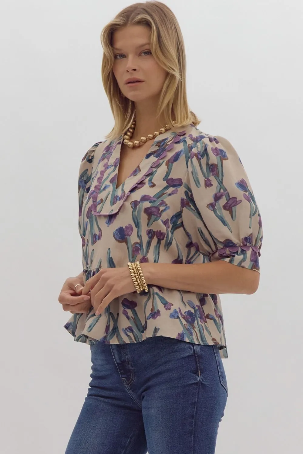 Purple Floral Scallop Top