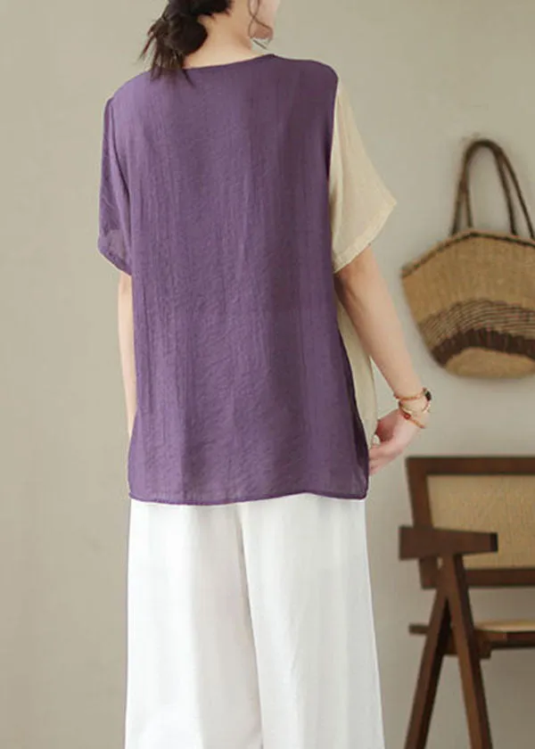 Purple Patchwork Embroidered Cotton Blouses Lace-Up Summer