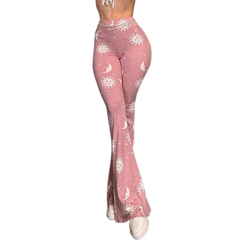 Q23PT305European and American Foreign Trade Starry Sky Sun Pattern Printing High-Waist Pink Flared Pants Women's Pants Summer New