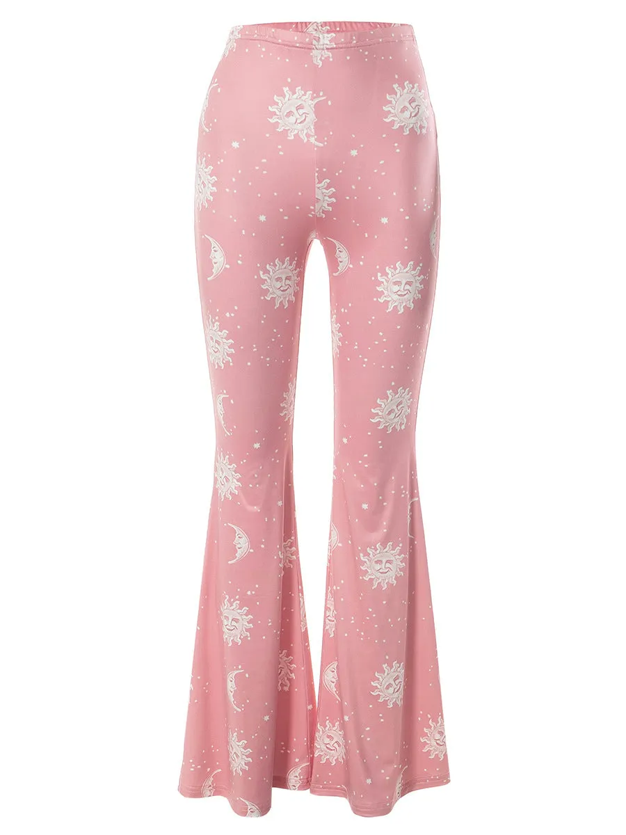 Q23PT305European and American Foreign Trade Starry Sky Sun Pattern Printing High-Waist Pink Flared Pants Women's Pants Summer New