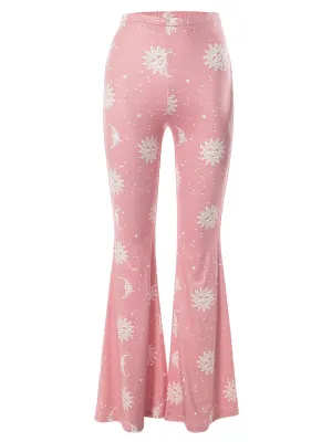 Q23PT305European and American Foreign Trade Starry Sky Sun Pattern Printing High-Waist Pink Flared Pants Women's Pants Summer New