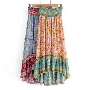 Rayon Printed Skirt For Women New Vintage Pleated  Asymmetrical Playful Lovely High Waist Seaside Vacation Beach Bohemian