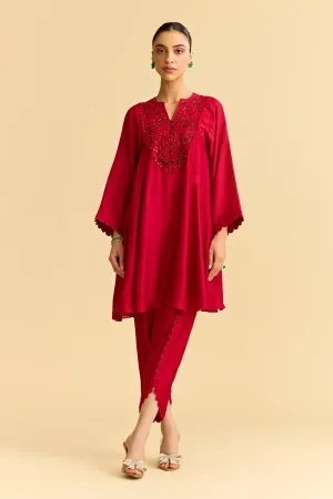 Red Silk Short Kurta With Tulip Pants