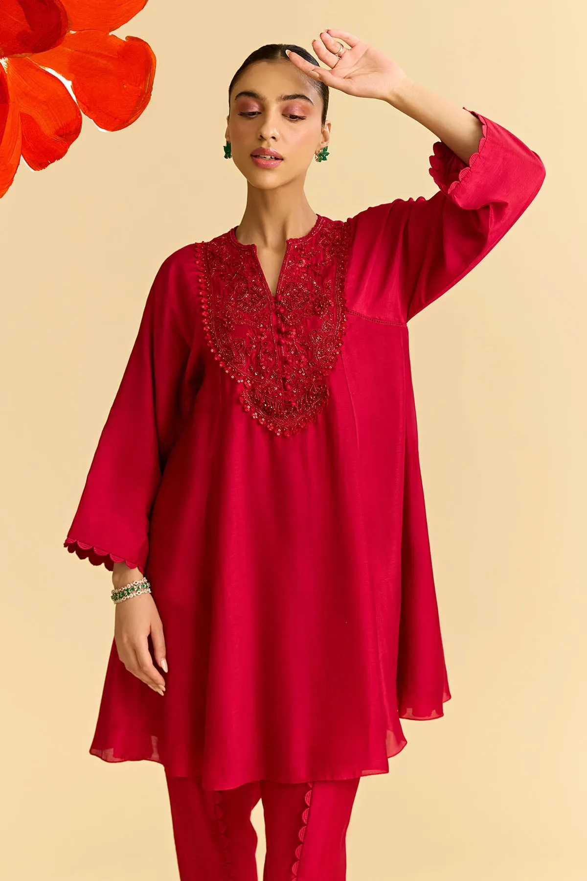 Red Silk Short Kurta With Tulip Pants