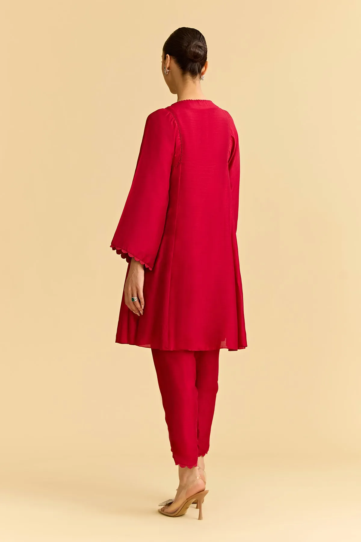 Red Silk Short Kurta With Tulip Pants