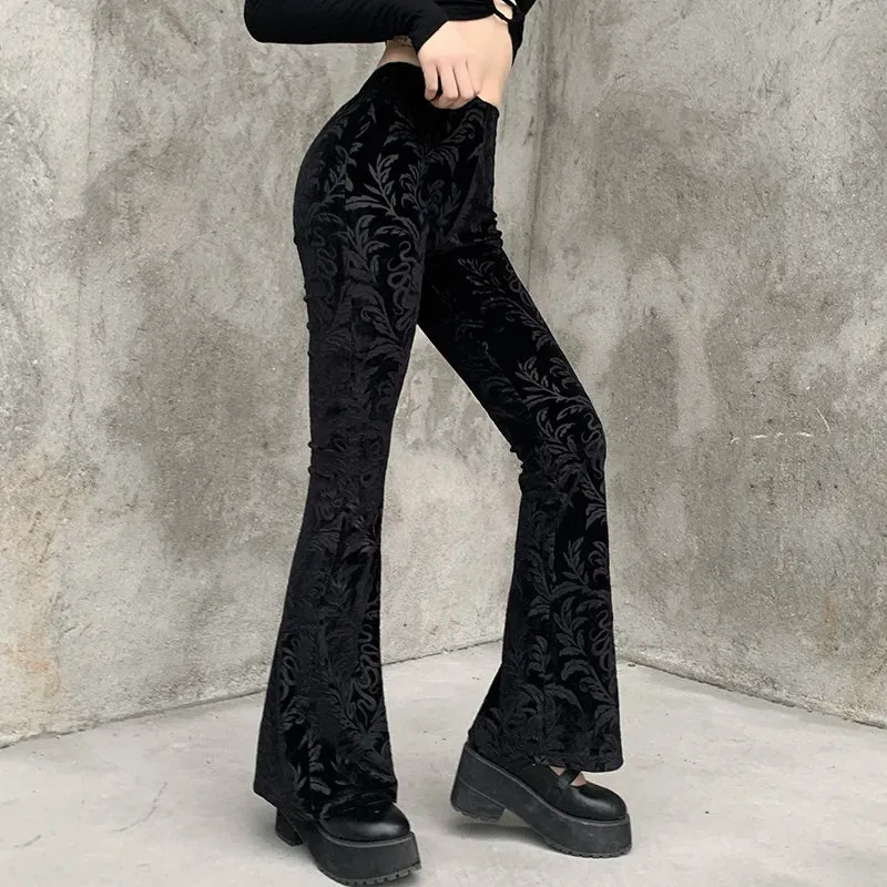 Retro Gothic High Waist Flared Pants - Floral Spliced Gothic Style