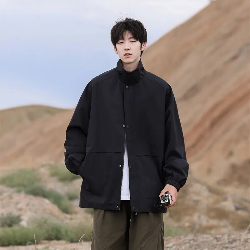 Retro Styled Solid Cargo Rain Jacket for Casual Wear