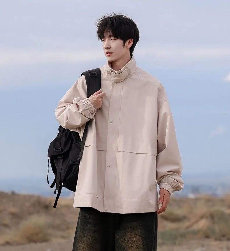 Retro Styled Solid Cargo Rain Jacket for Casual Wear