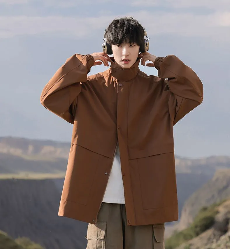 Retro Styled Solid Cargo Rain Jacket for Casual Wear
