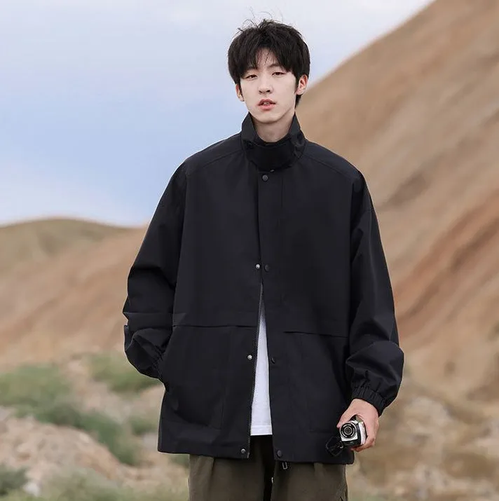 Retro Styled Solid Cargo Rain Jacket for Casual Wear