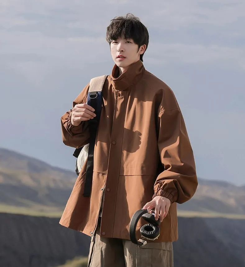 Retro Styled Solid Cargo Rain Jacket for Casual Wear