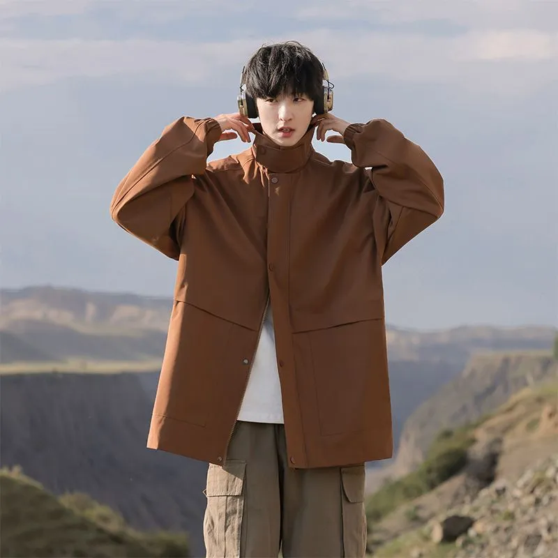 Retro Styled Solid Cargo Rain Jacket for Casual Wear