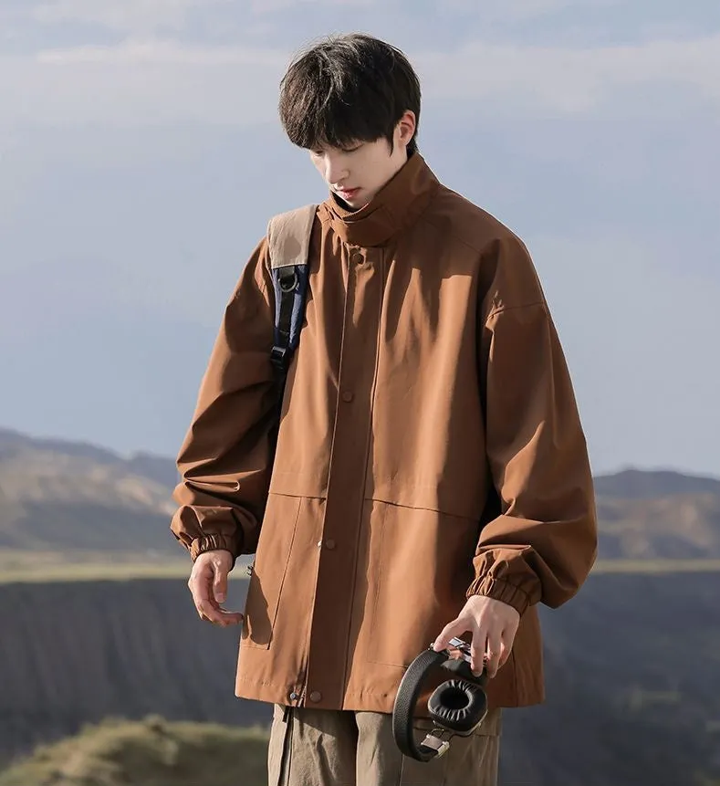 Retro Styled Solid Cargo Rain Jacket for Casual Wear