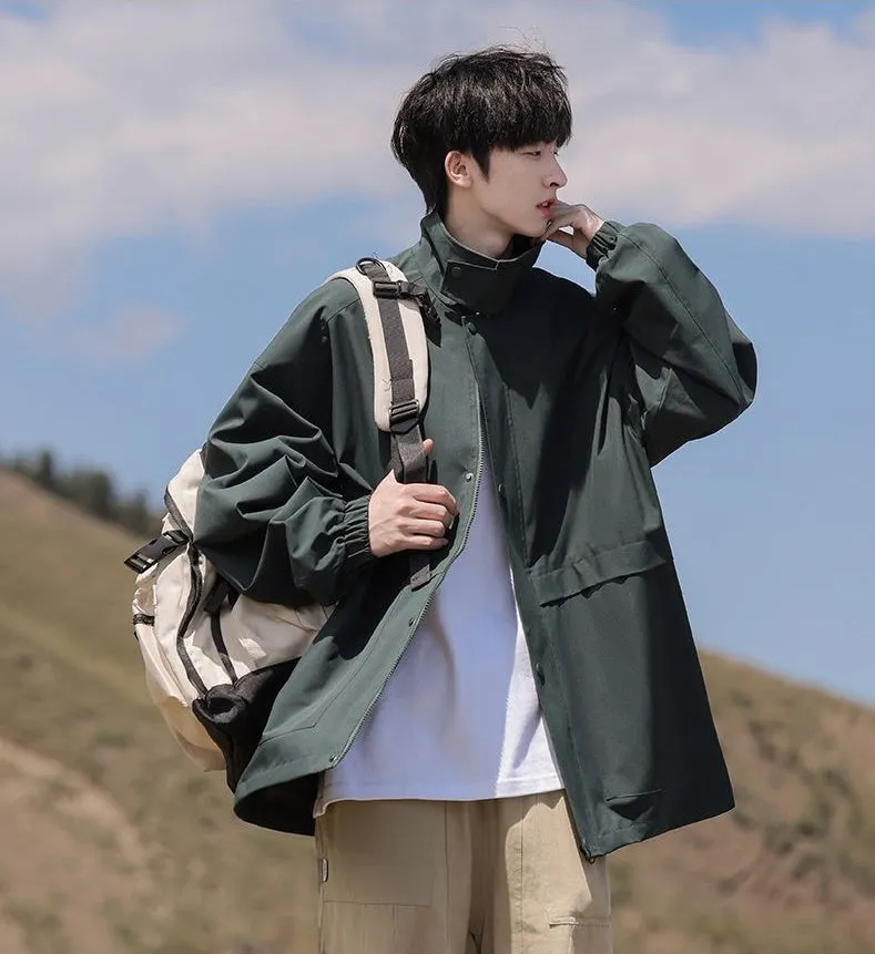 Retro Styled Solid Cargo Rain Jacket for Casual Wear