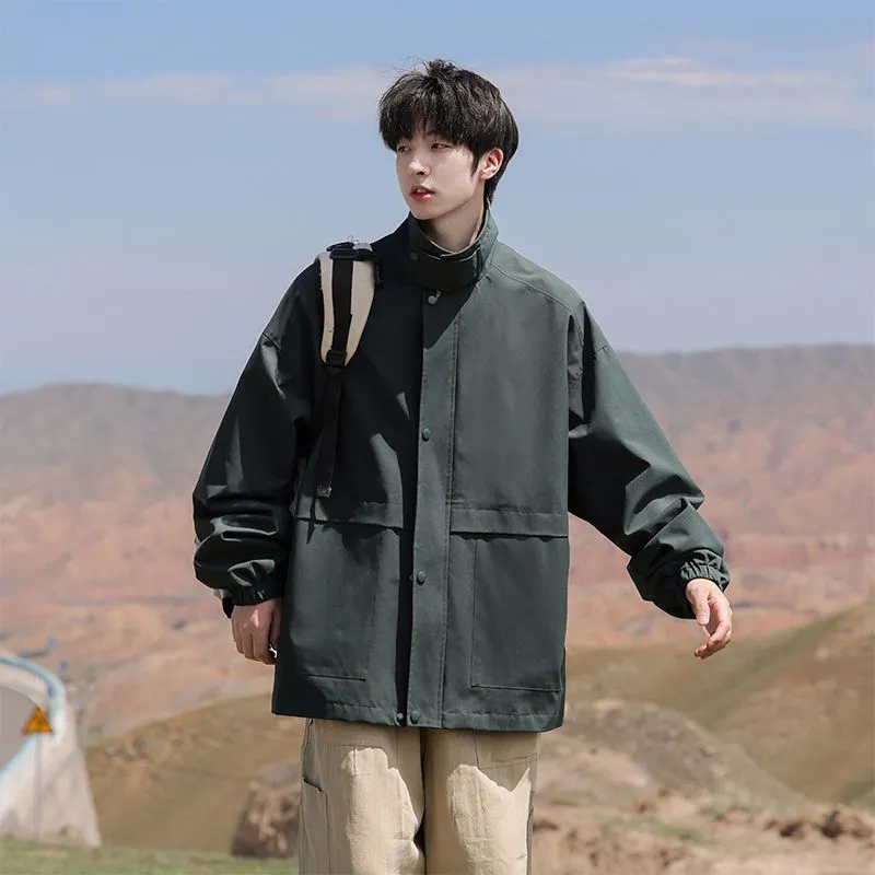 Retro Styled Solid Cargo Rain Jacket for Casual Wear