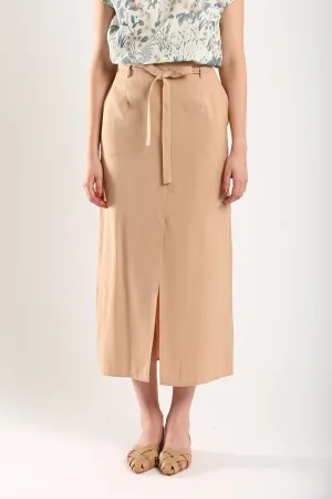 Riley Linen Midi Skirt with Sash Tie in Apricot