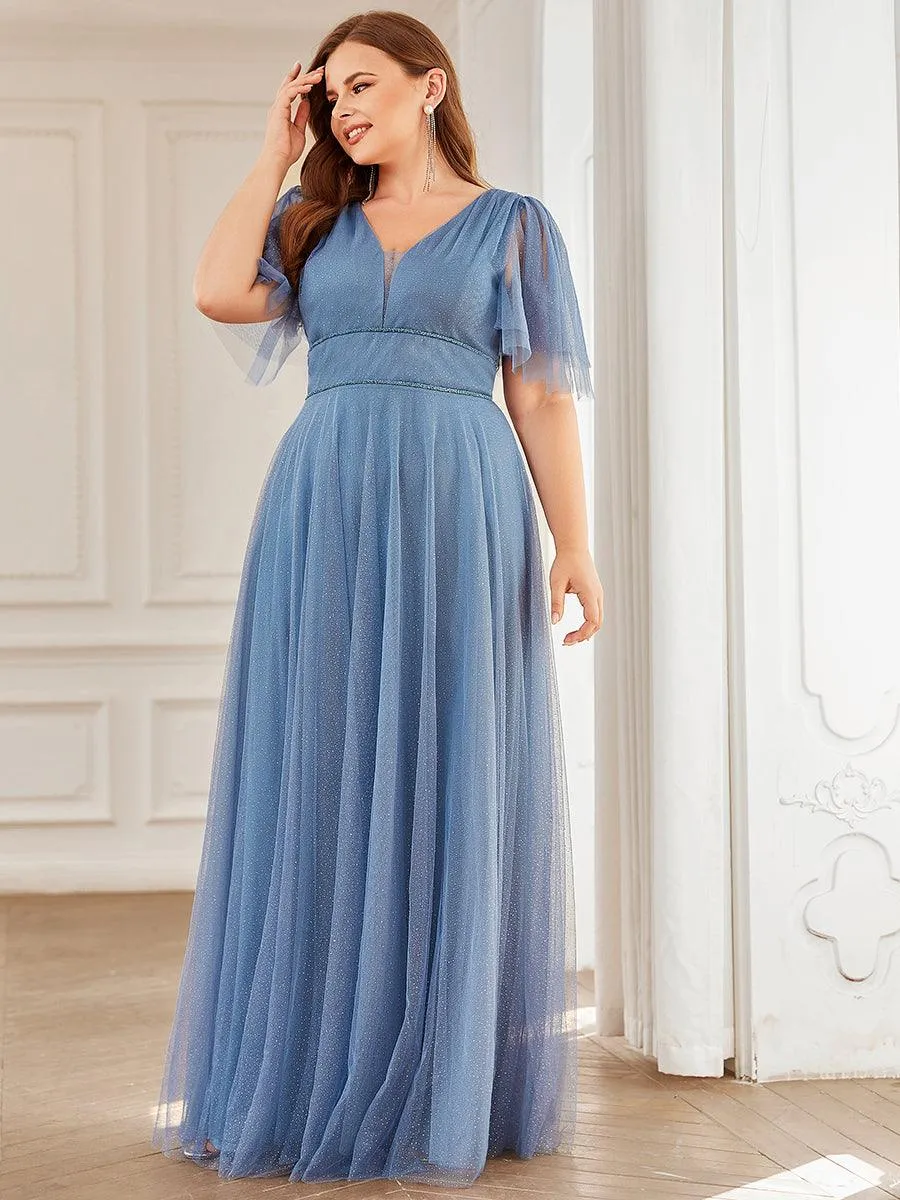 Robe de soirée romantique en tulle grande taille avec col en V profond(Vente finale)