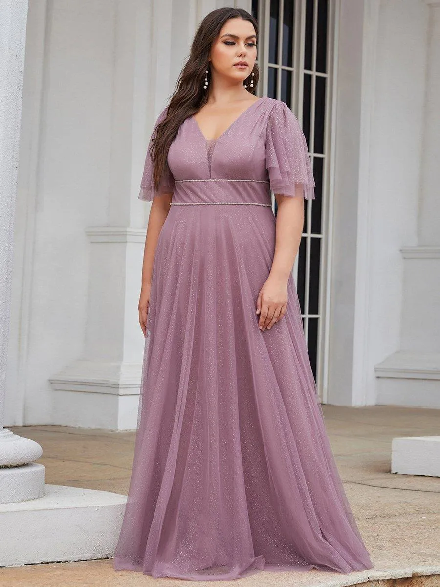 Robe de soirée romantique en tulle grande taille avec col en V profond(Vente finale)