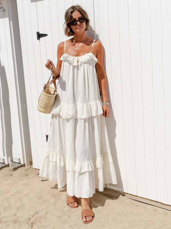 Ruffled Maxi Dress with Tiered Design and Spaghetti Straps