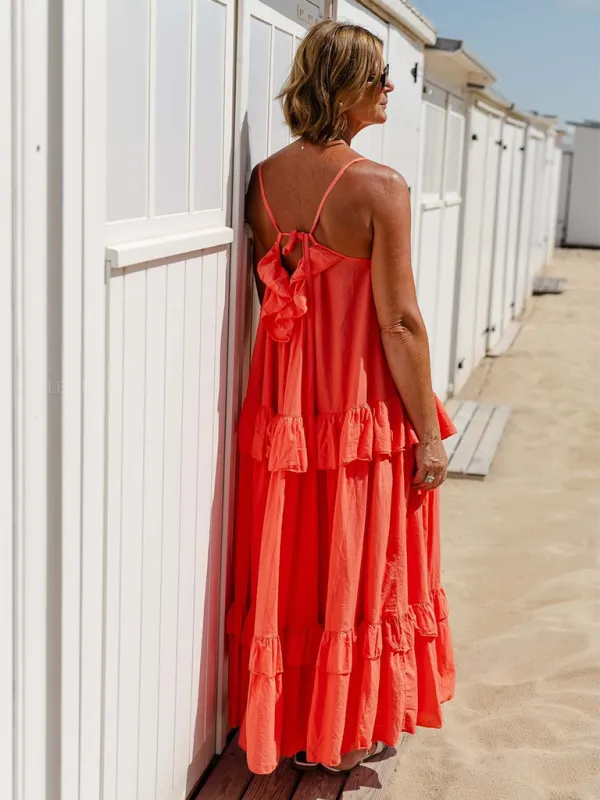 Ruffled Maxi Dress with Tiered Design and Spaghetti Straps