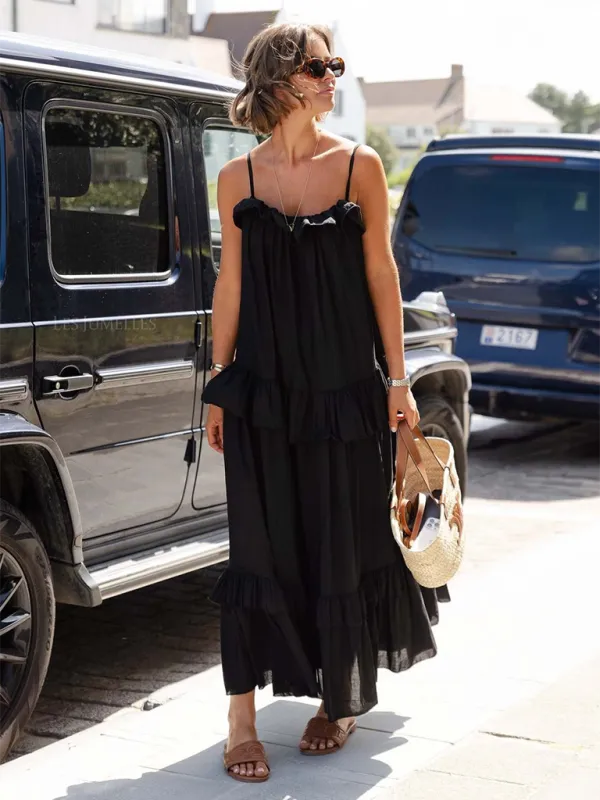 Ruffled Maxi Dress with Tiered Design and Spaghetti Straps