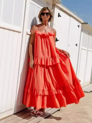 Ruffled Maxi Dress with Tiered Design and Spaghetti Straps