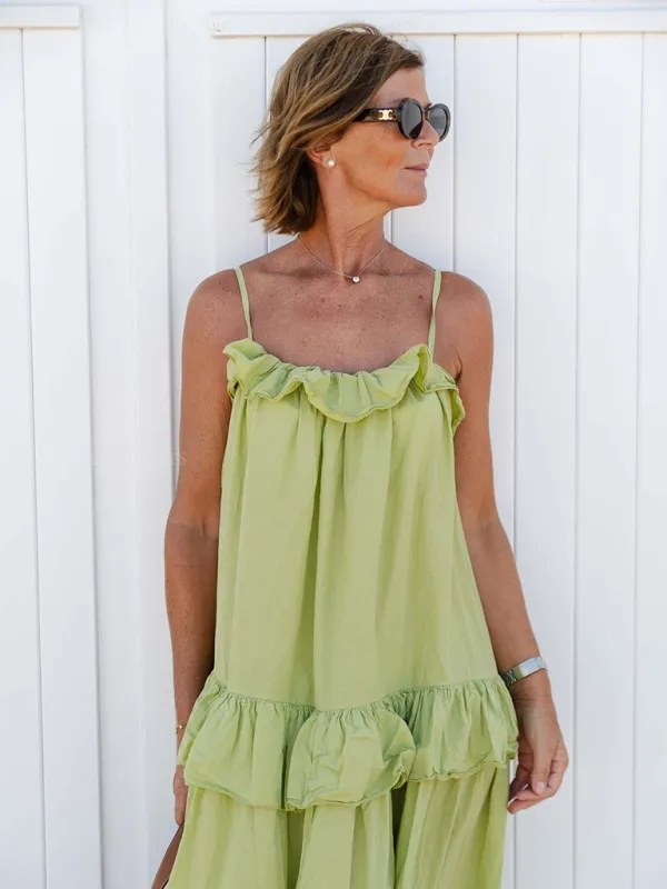 Ruffled Maxi Dress with Tiered Design and Spaghetti Straps