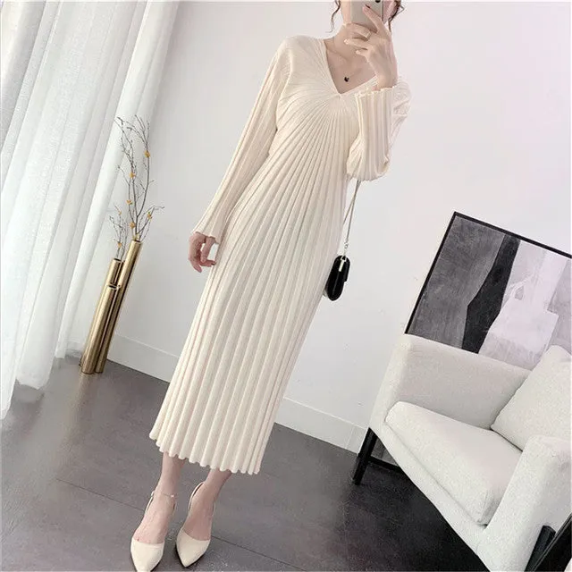 Sexy V Neck Women Knitted Sweater Midi Dresses