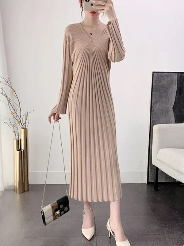 Sexy V Neck Women Knitted Sweater Midi Dresses