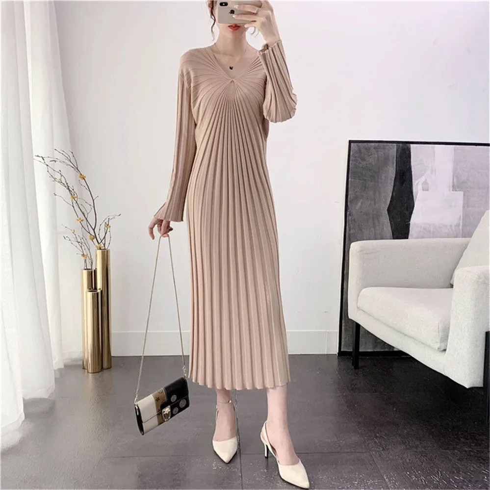 Sexy V Neck Women Knitted Sweater Midi Dresses