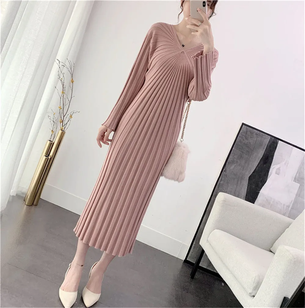 Sexy V Neck Women Knitted Sweater Midi Dresses