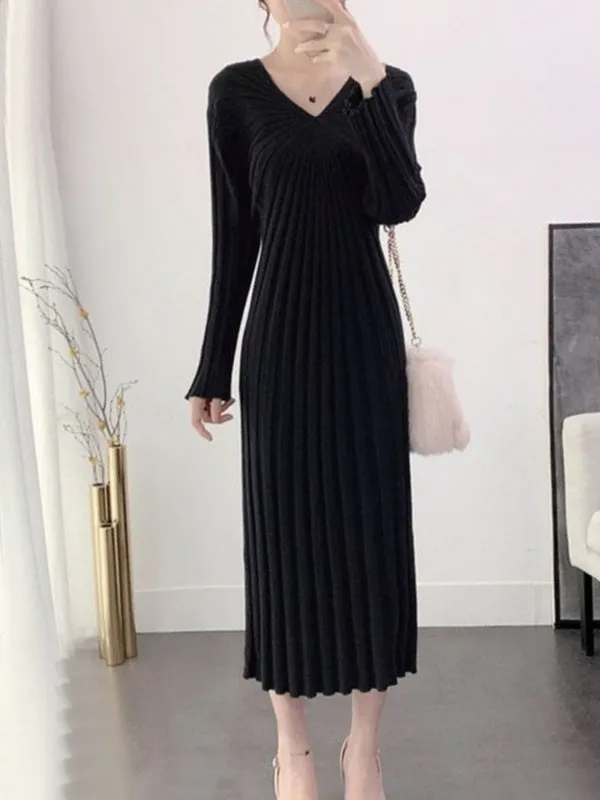 Sexy V Neck Women Knitted Sweater Midi Dresses