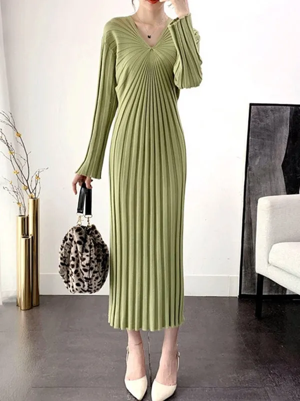 Sexy V Neck Women Knitted Sweater Midi Dresses
