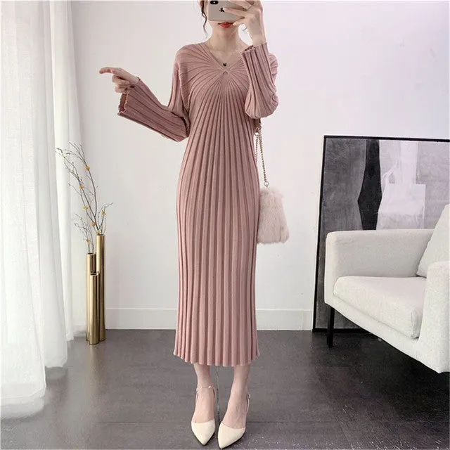 Sexy V Neck Women Knitted Sweater Midi Dresses