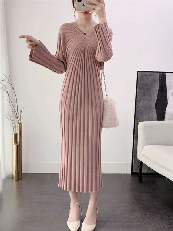 Sexy V Neck Women Knitted Sweater Midi Dresses